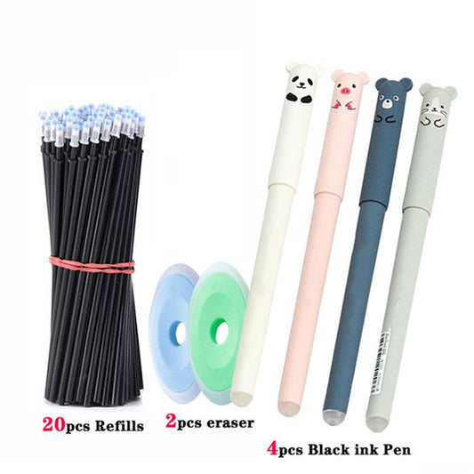 Panda erasable gel pen set with black ink, refills, and pastel eraser discs