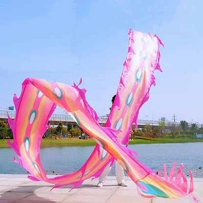 19.6ft Washable Silk-like Dragon Poi for Kids & Adults, 6 meters of Outdoor Flinging Fitness Dance with 3D Rainbow Color Dragon Ribbon Streamer Set