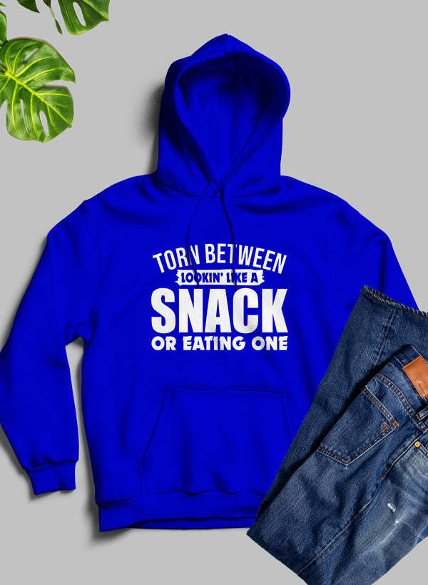 Royal blue pullover hoodie with 'SNACK' front print and pouch pocket