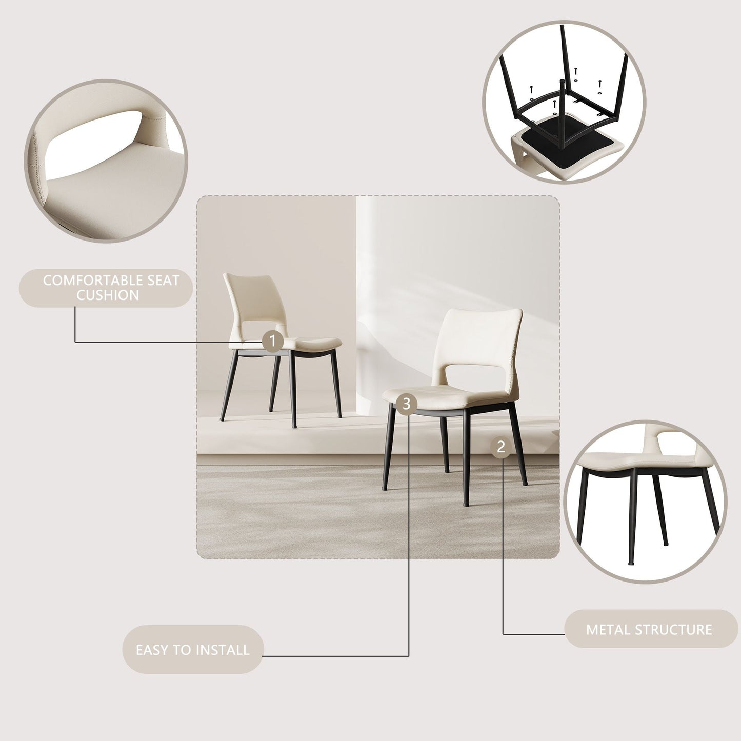 Modern minimalist black PU leather Dining Chairs Set of 2, comfortable backrest design, metal leg support, suitable for restaurants, kitchens, and offices.