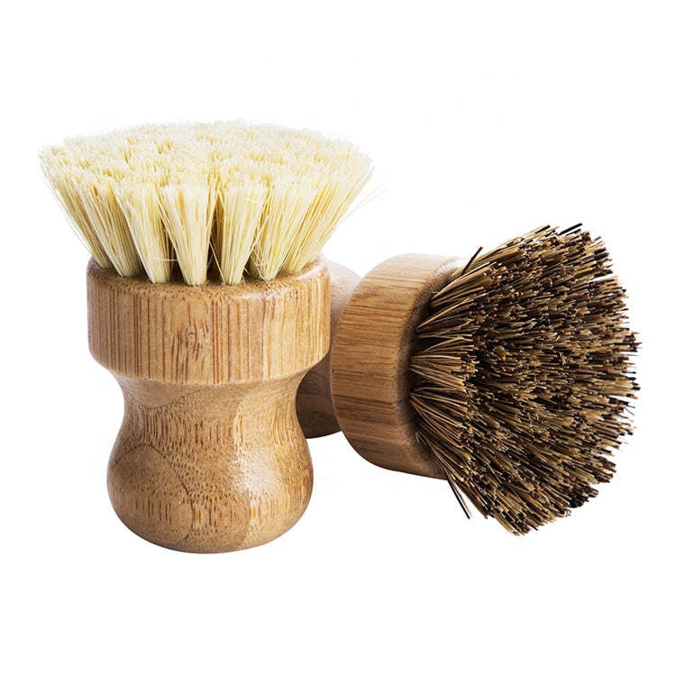 Bamboo sisal dish brush showing both bristle sides and contoured wooden handle