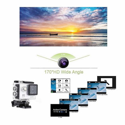 4K action camera with clear housing and wide-angle lens view diagram