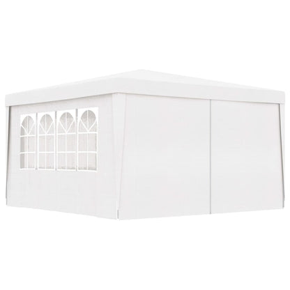 White party tent with side wall windows and hinged door panels