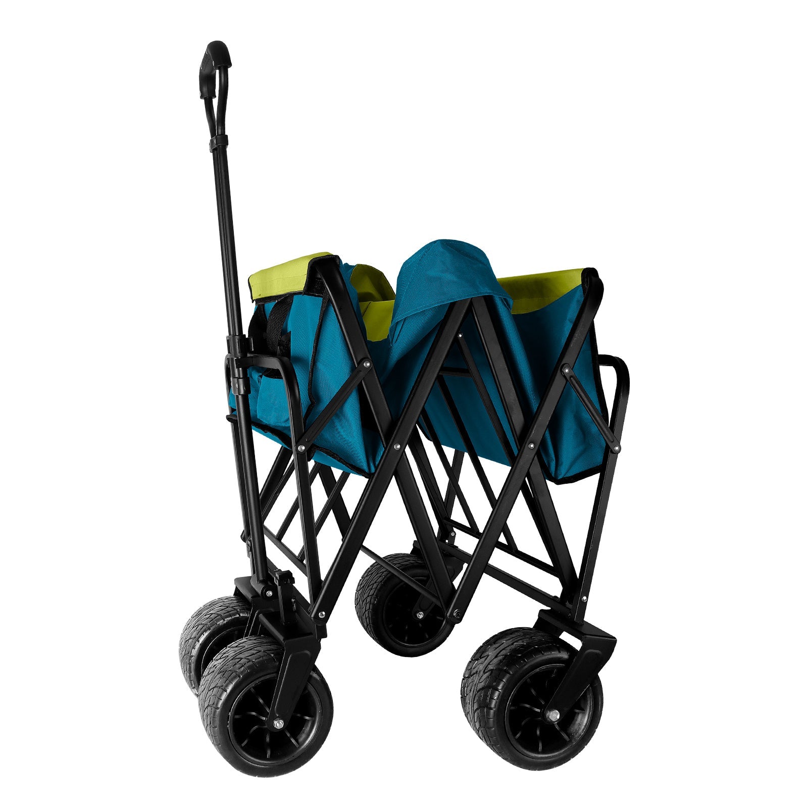 Blue collapsible utility wagon with upright handle and mesh side panels
