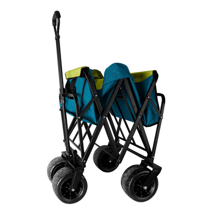 Blue collapsible utility wagon with upright handle and mesh side panels