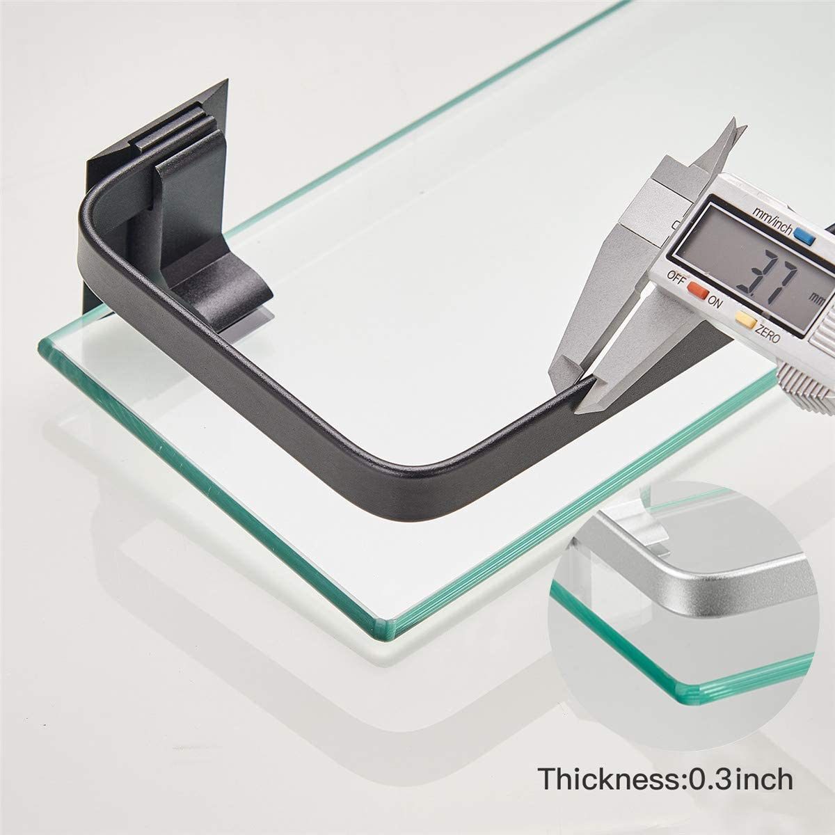 Wall-mounted glass bathroom shelf corner and bracket, clear glass with thick edge