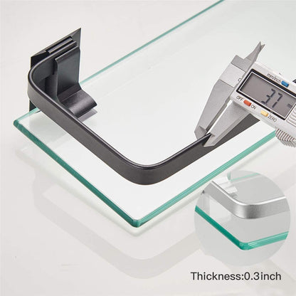 Wall-mounted glass bathroom shelf corner and bracket, clear glass with thick edge