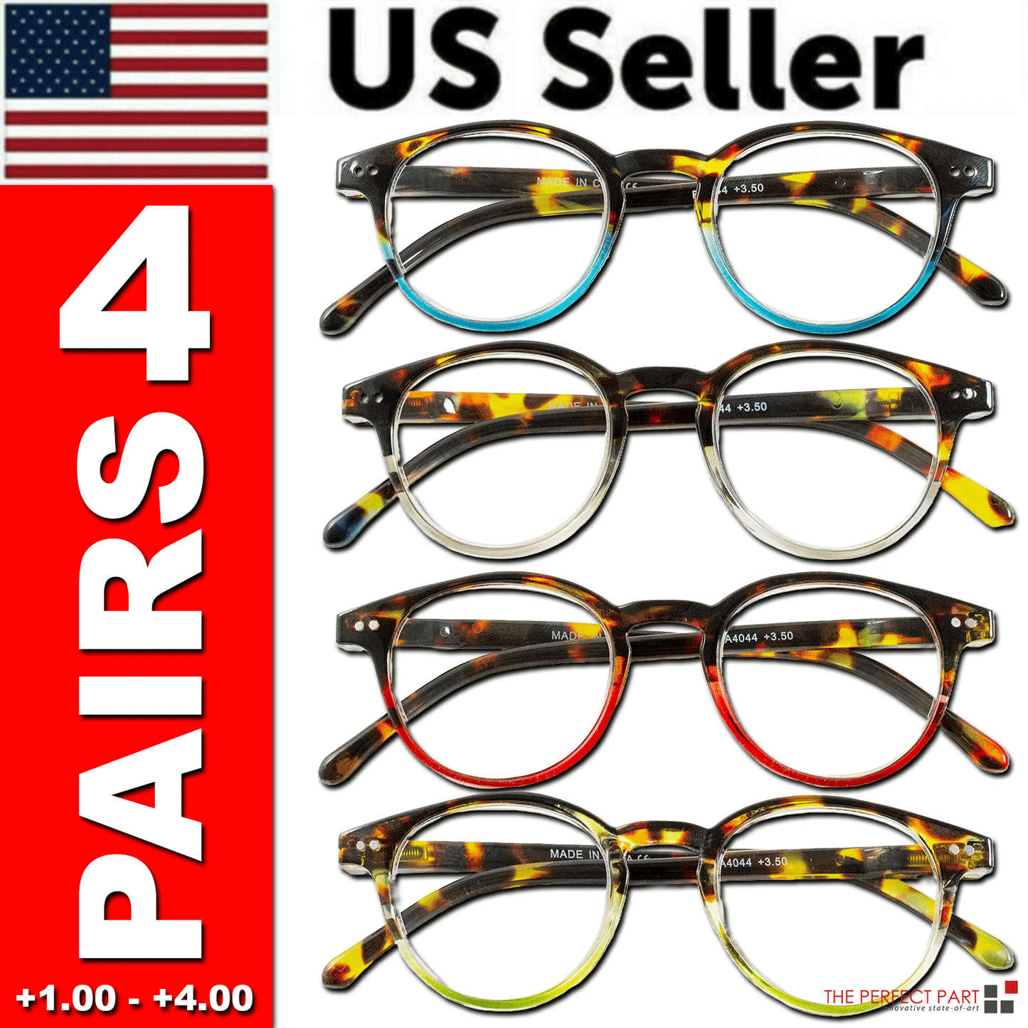 Set of reading glasses with amber tortoiseshell frames and blue temple accents, 4 pairs
