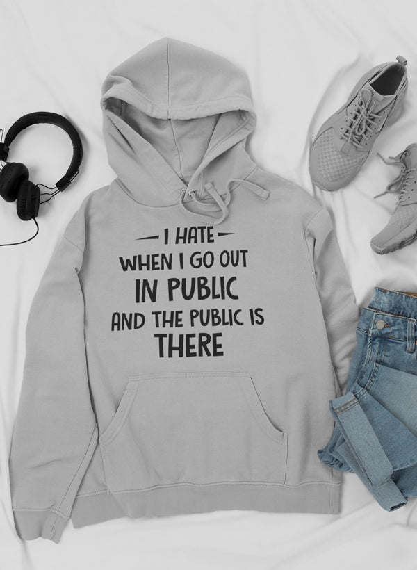 Light grey hoodie with hood, drawstring, and white chest slogan graphic