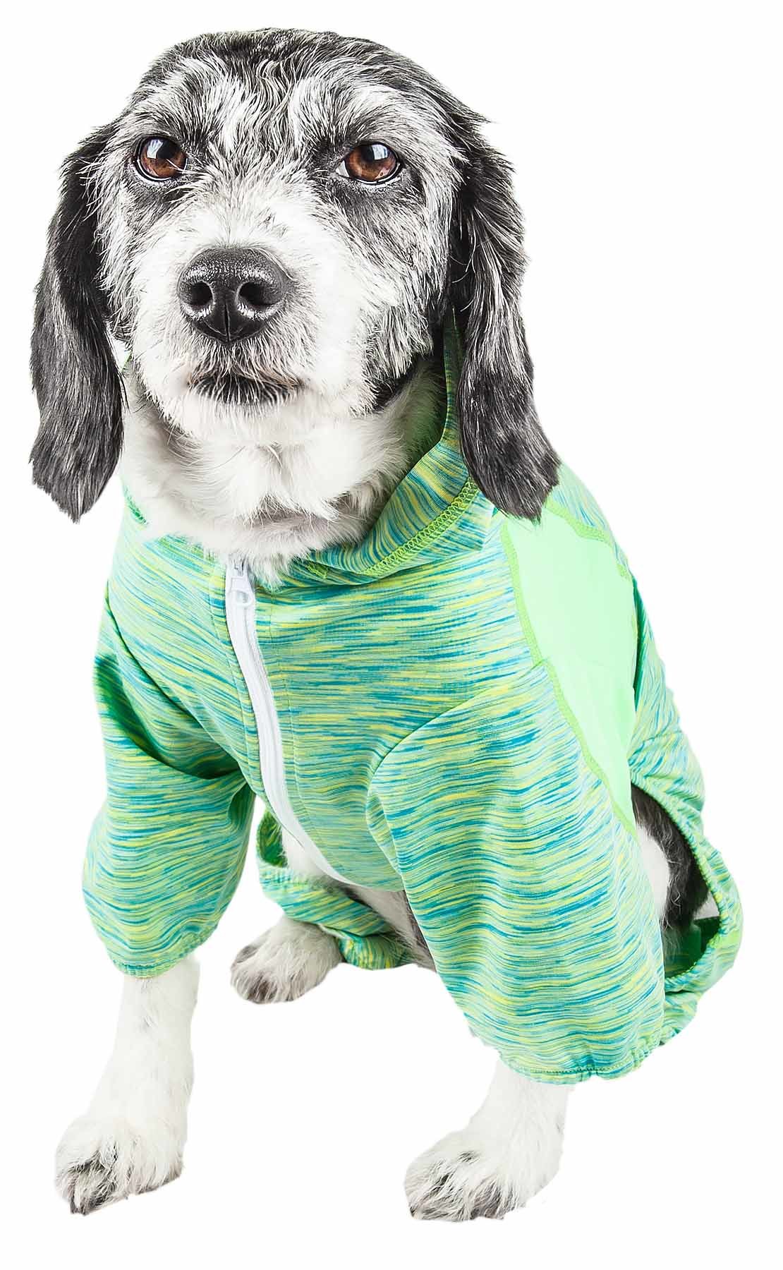 Two-toned stretch dog warm-up hoodie in green heather with front zip
