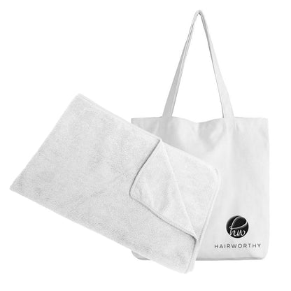 Microfiber hair towel set with tote bag, light gray and white