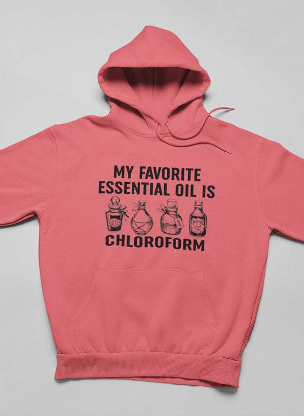 Mauve pullover hoodie with kangaroo pocket and front print 'ESSENTIAL OIL IS CHLOROFORM'
