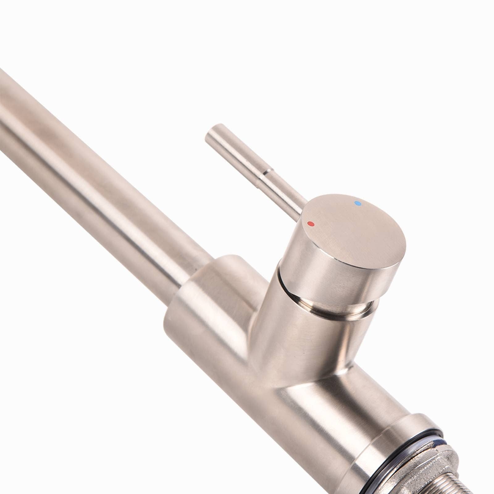 Stainless steel kitchen faucet with single-lever handle and spout base