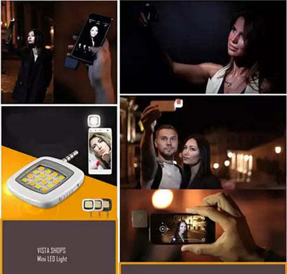 Mini selfie LED photo light with square LED panel and phone clip, white