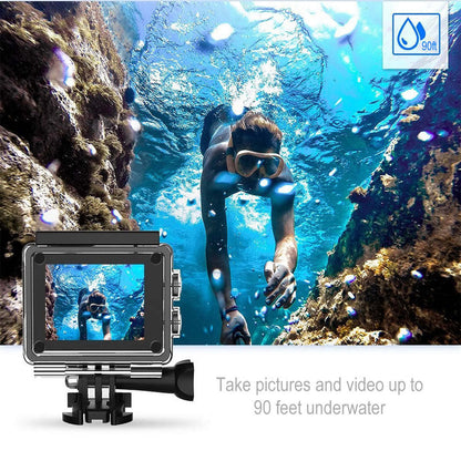 Action camera with LCD screen shown with underwater diver scene