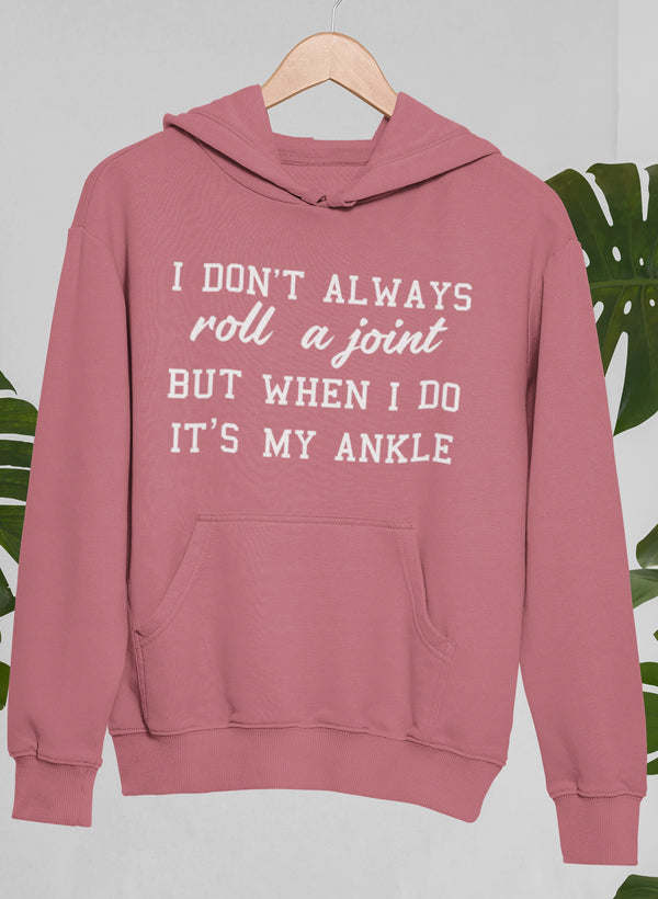 Mauve pullover hoodie with front pocket and printed slogan on chest