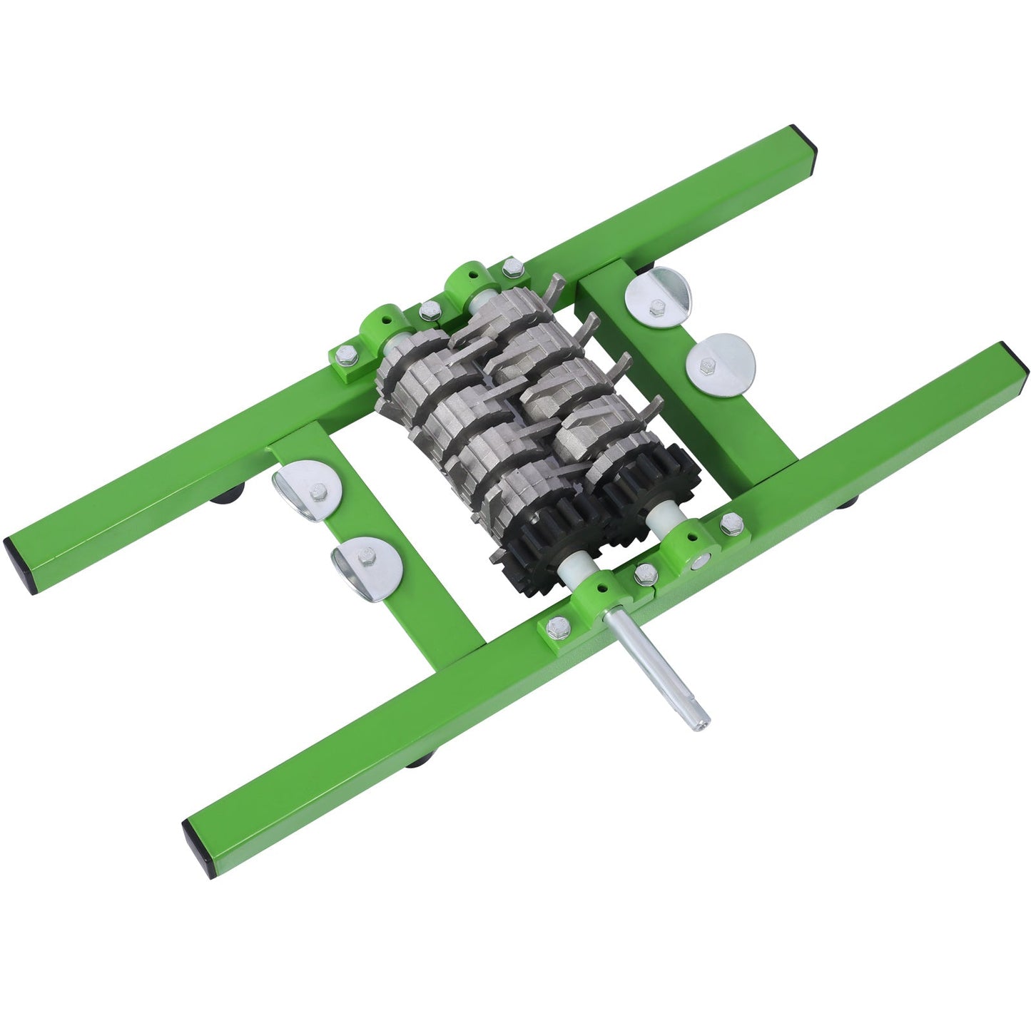 Manual juicer grinder roller crusher mechanism with green frame and metal axle