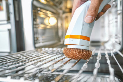 Copper scrubber pad held in hand, round copper mesh