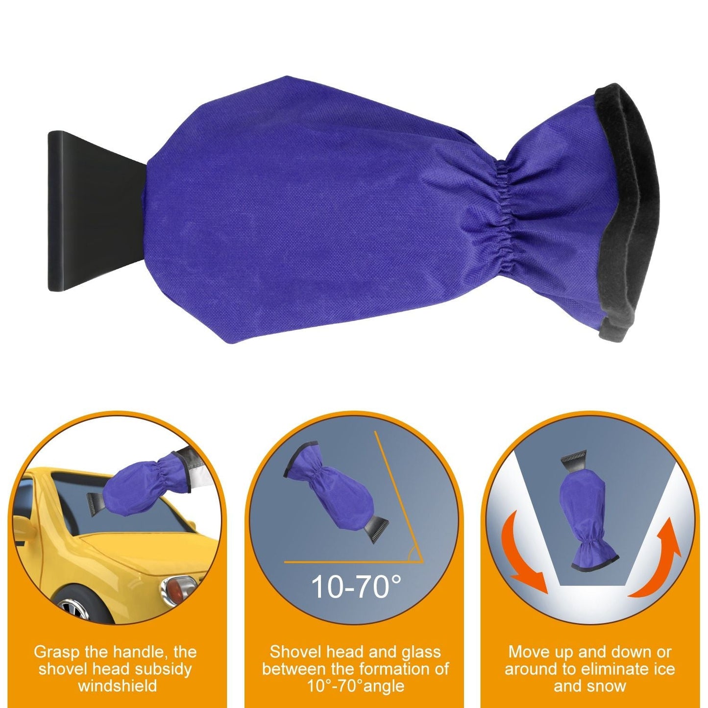 Blue ice scraper glove mitt with black scraper blade and bow-shaped cuff