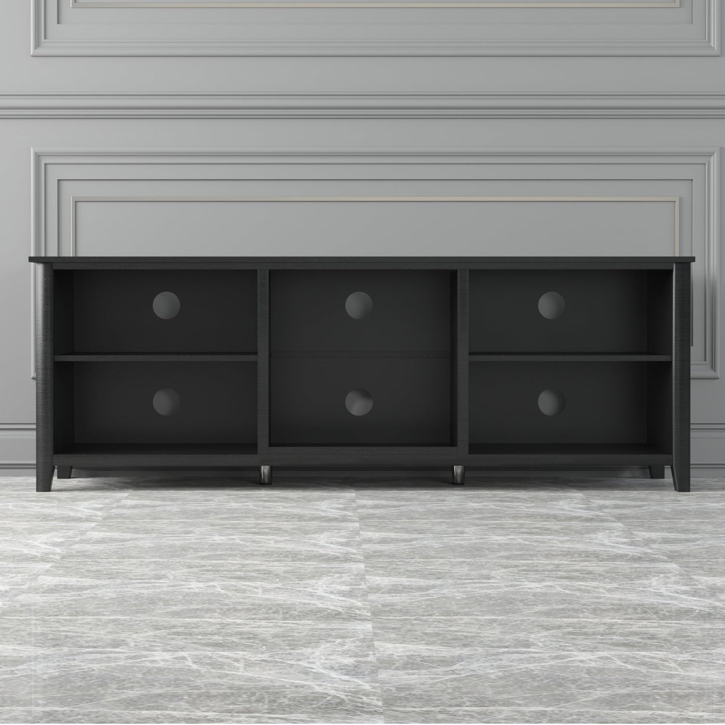 Black TV stand with six open shelf cubbies and drawers with round pulls across the front.