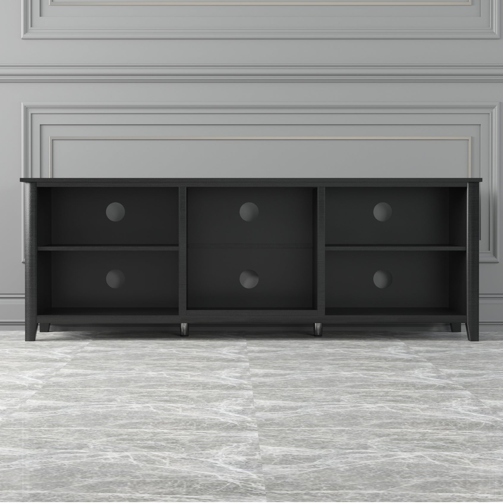 Black TV stand with six open shelf cubbies and drawers with round pulls across the front.