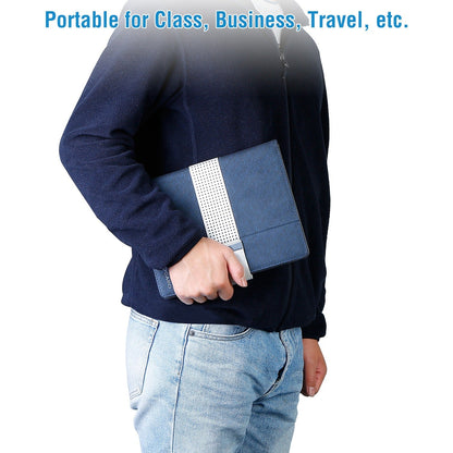 Navy tablet organizer case held in hand with memo panel visible.