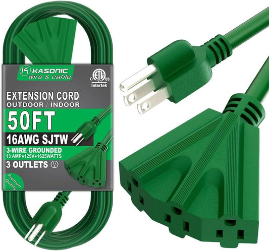 50 Ft Extension Cord with 3 Outlets, UL Listed 16/3 SJTW 3-Wire Grounded, 13A 125V 1625W for Indoor/Outdoor Use - Green