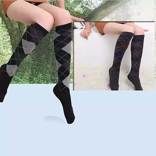 Compression long socks, dark argyle diamond pattern, one-leg stretch and pair