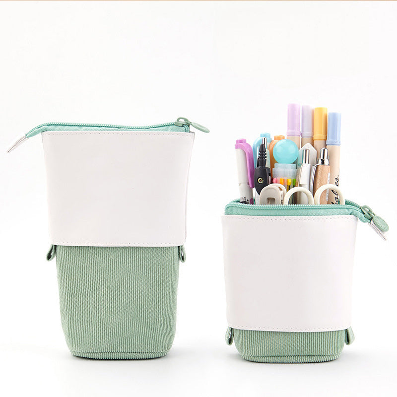 Two PU corduroy telescopic pen cases, white top with mint green striped sleeves, zipped