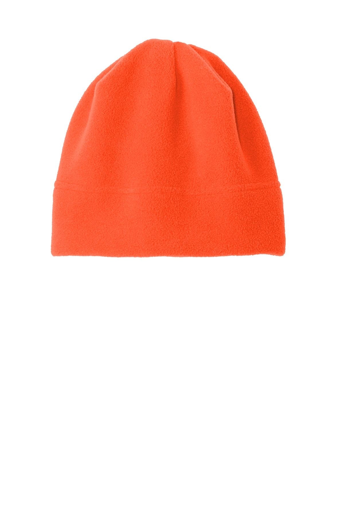 Fleece beanie in orange with stitched cuff and folded top