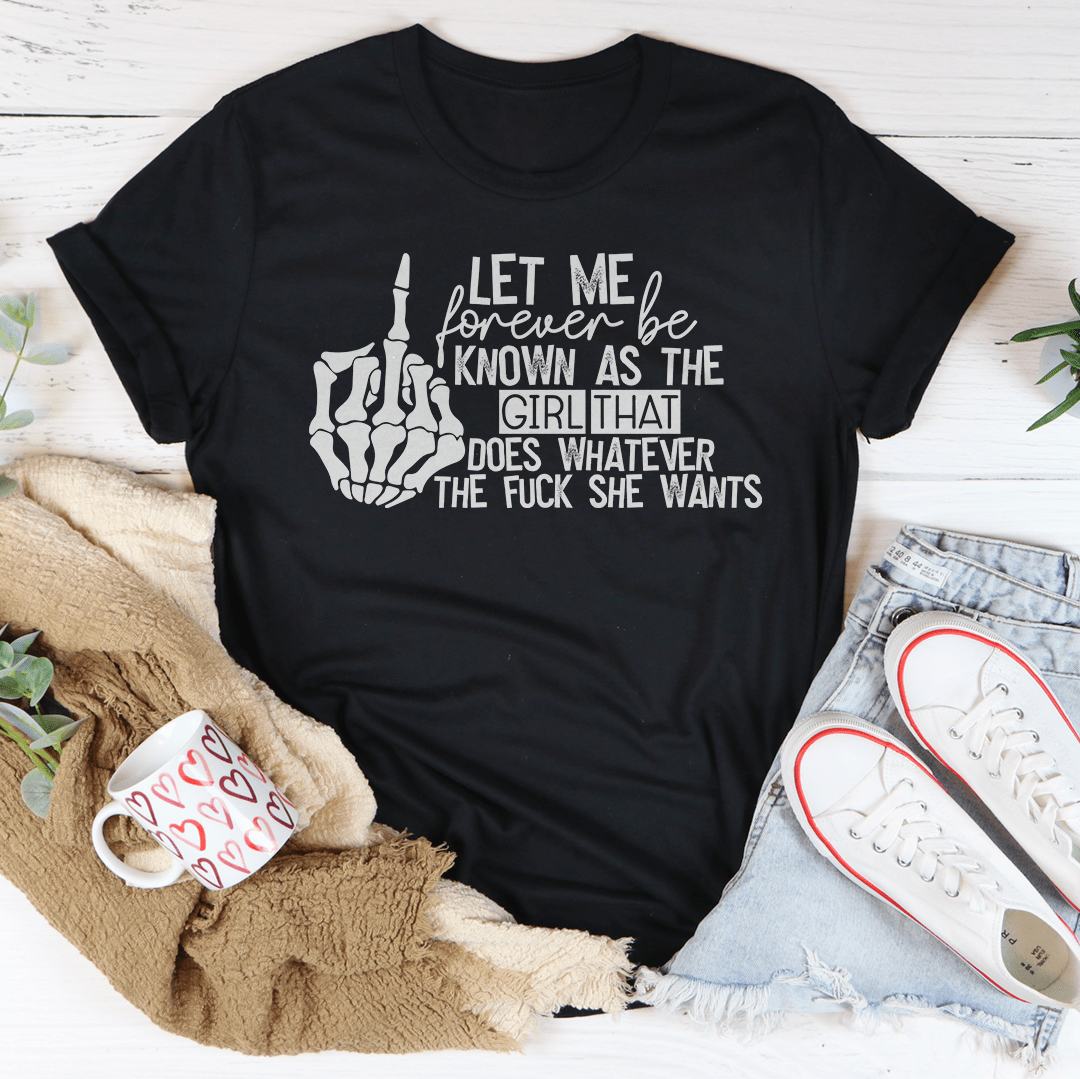 Black crew-neck T-shirt with white graphic and stacked text "Let me forever"