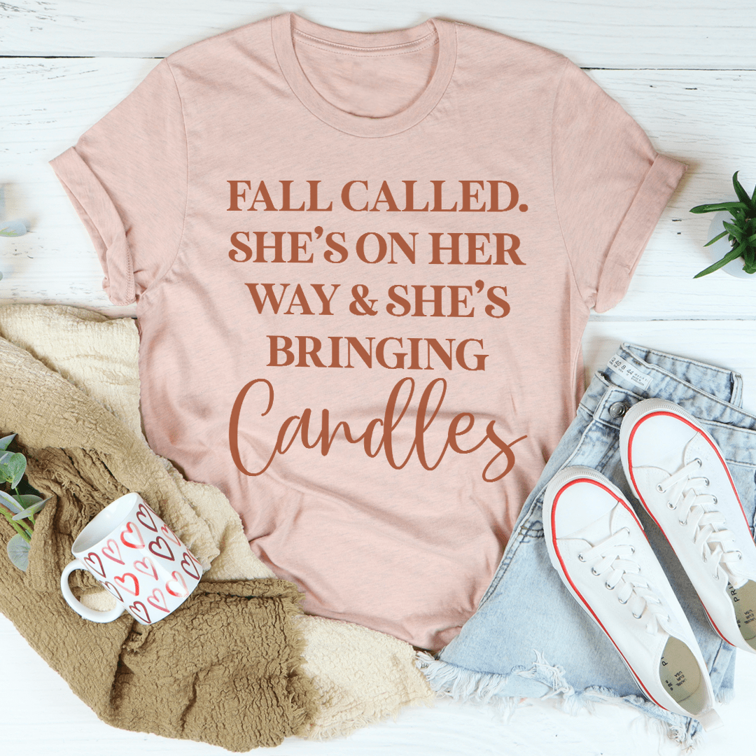 Light pink graphic T-shirt with 'Fall called' and candle script lettering
