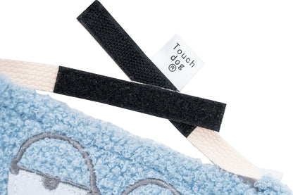 Cotton dog bandana scarf detail, blue plush with black velcro strap and Touchdog tag