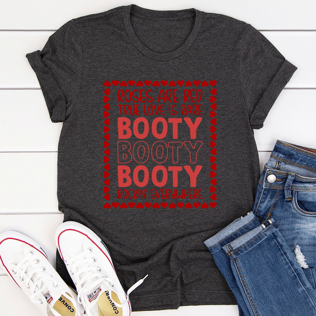 Dark grey T-shirt with red 'BOOTY' heart graphic, crew neck and short sleeves