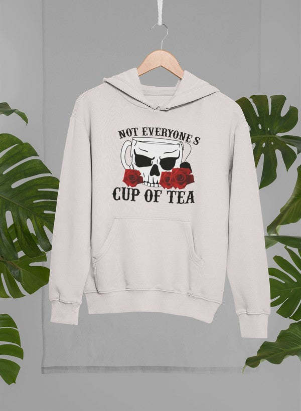 Ash heather graphic hoodie with “Cup of Tea” skull and sunglasses print, front kangaroo pocket.