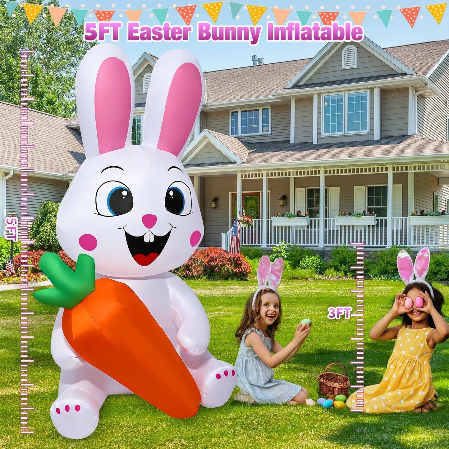 5 Ft Easter Inflatables Easter Decorations, Blow up Easter Bunny with LED Lights Baskets Light up Easter Decor, Easter Decorations for Home Holiday Party Indoor Outdoor Garden Lawn