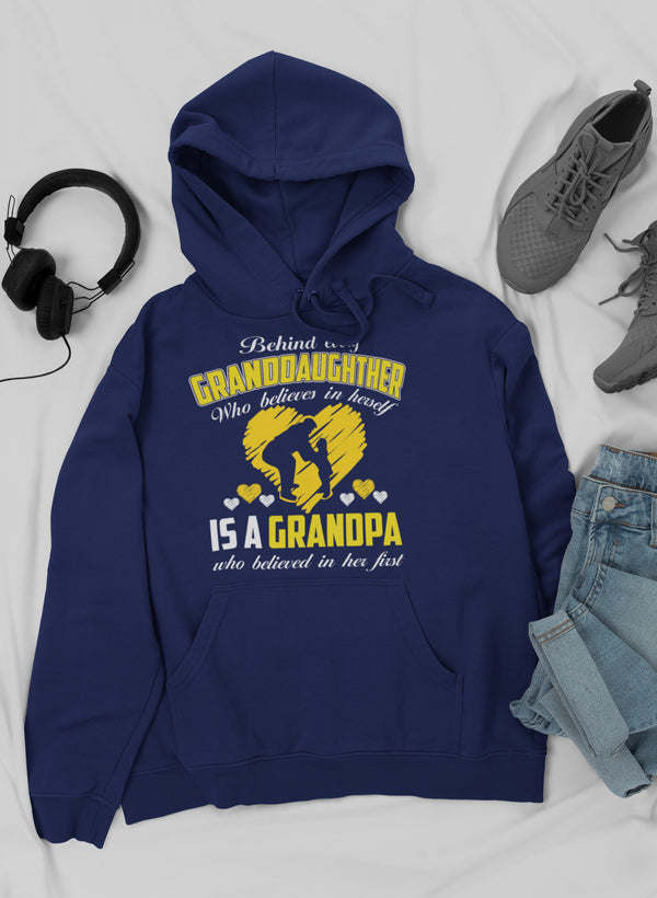 Navy pullover hoodie with front graphic text and kangaroo pocket