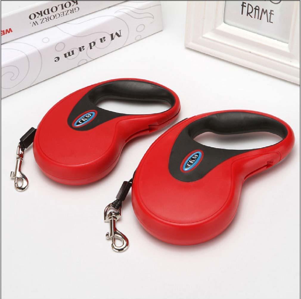 Retractable pet leash with red housing, black grip, and chrome metal snap hook