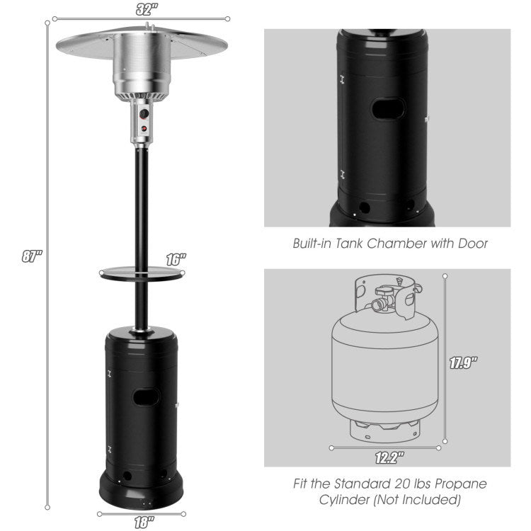 Black propane patio heater with measurement diagram, tabletop, and tank chamber door