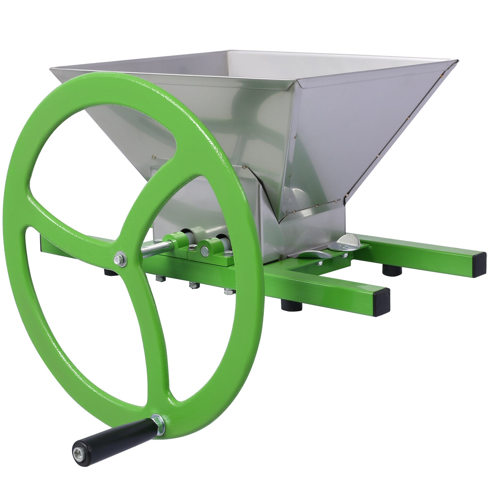 Manual juicer grinder front view with green wheel, stainless hopper, and feed chute