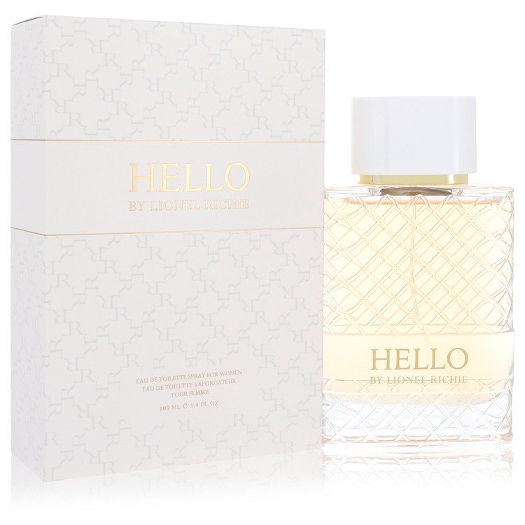 Eau de toilette spray with Hello by Lionel Richie packaging and glass bottle