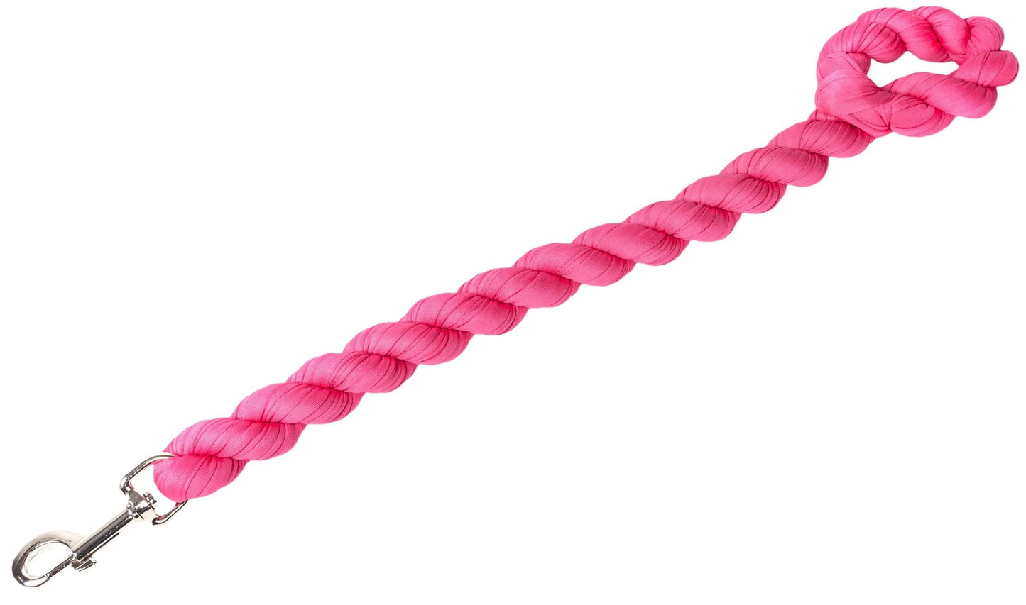 Pink woven dog leash with braided rope and metal end clasp