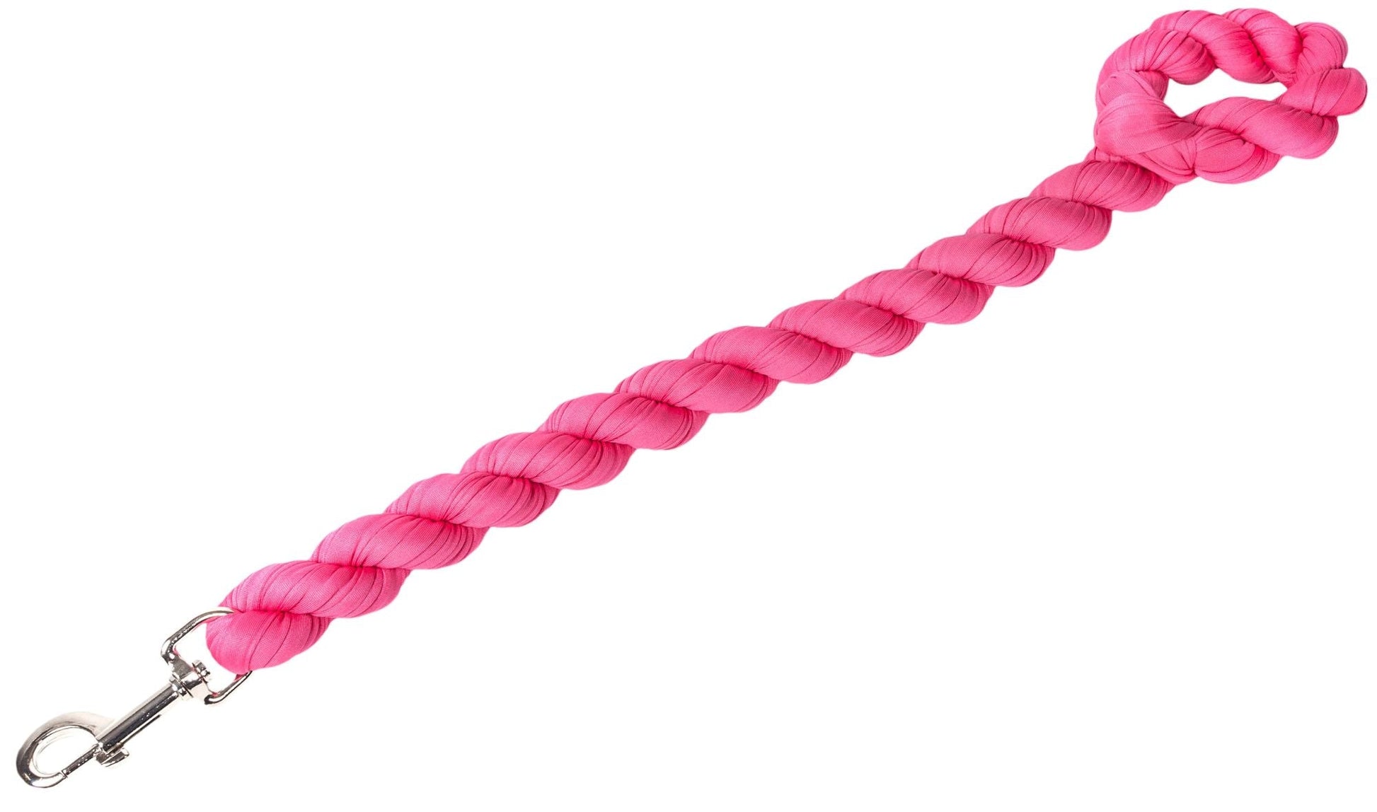 Pink woven dog leash with braided rope and metal end clasp
