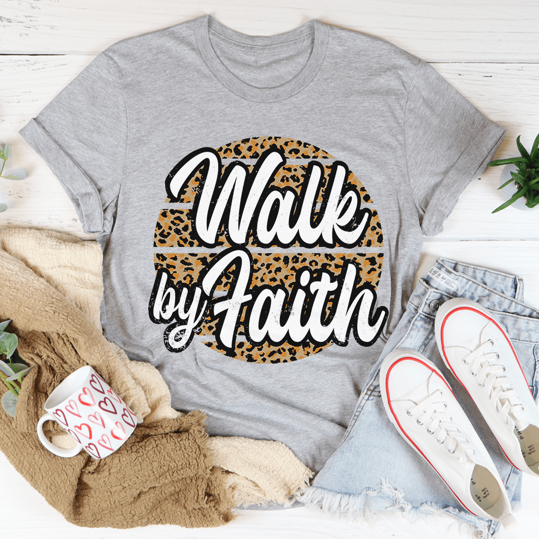 Heather gray crewneck T-shirt with leopard “Walk by Faith” front graphic, short sleeves