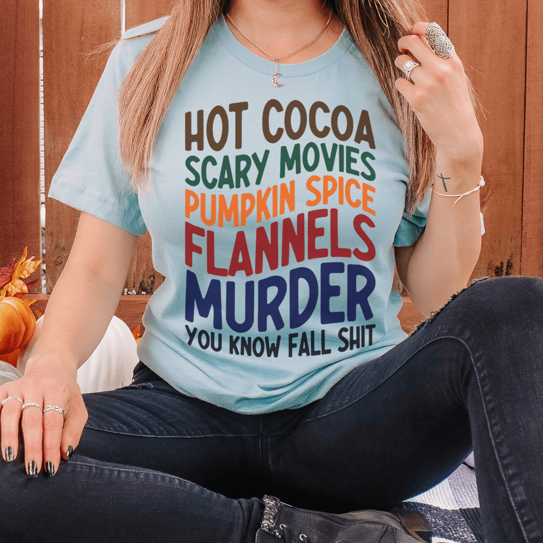 Sky blue crew-neck graphic T-shirt with multicolor 'Hot Cocoa' front text