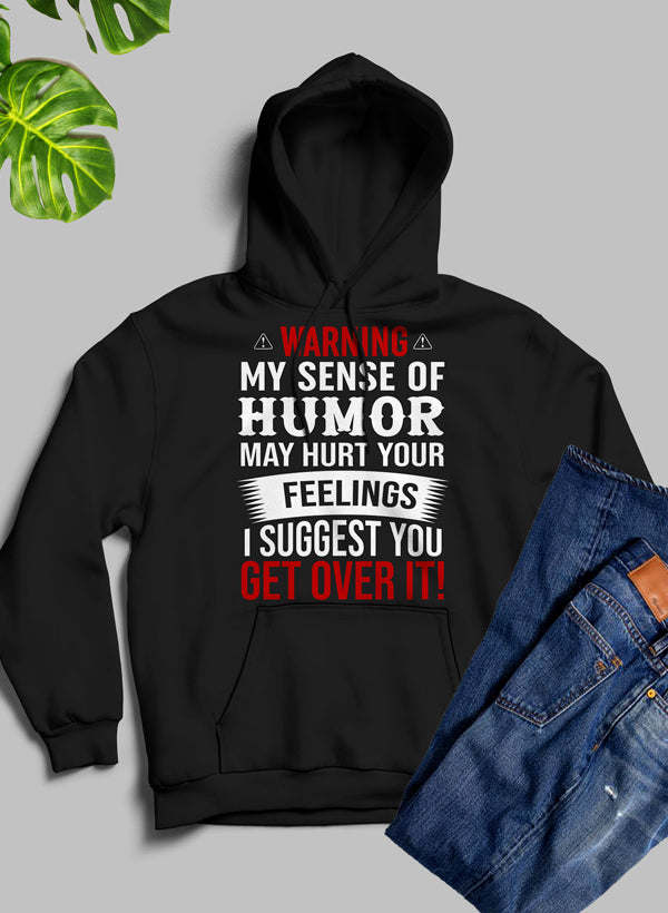 Black pullover hoodie with front graphic text and kangaroo pocket