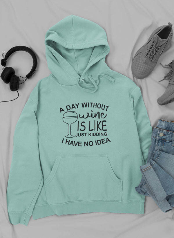 Light teal pullover hoodie with front wine glass slogan graphic and drawstring hood
