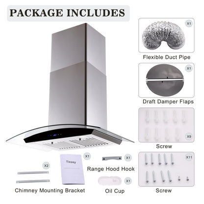 Range hood package contents: flexible duct pipe, draft dampers, screws, bracket