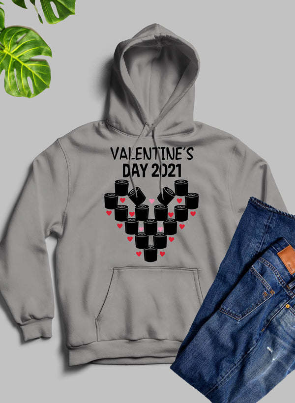 Gray pullover hoodie with 'Valentine's Day 2021' heart cup print on chest