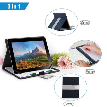 Navy tablet protector case with stand cover and memo pad for notes.